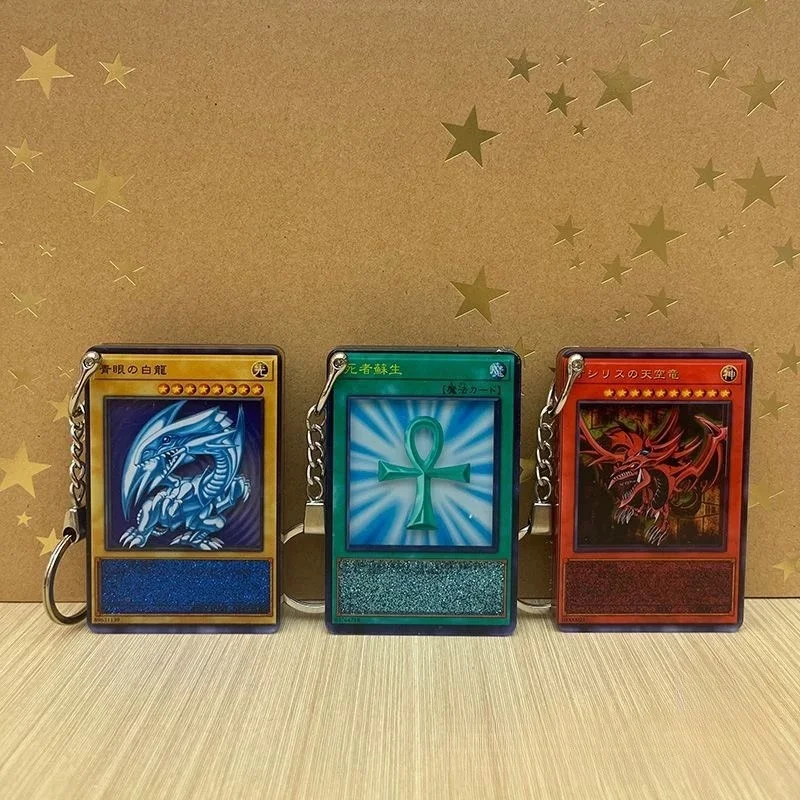 NEW Anime Duel Monsters Keychain Monster Reborn Blue Eyes White Dragon Sky Dragon Acrylic Transparent Card Pendant Keychain Gift