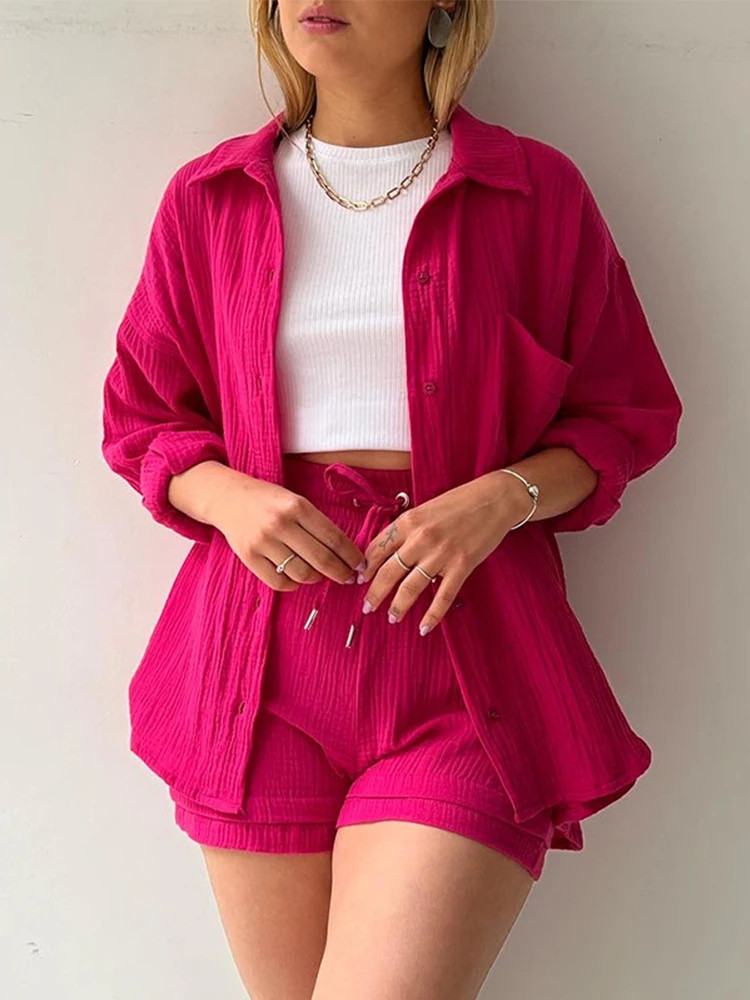 

Solid Turn-Down Collar Shorts Set for Women, Casual Outfit, Loose Suit, Summer Fashion, Female Clothing, 2 Peice Sets, 2024