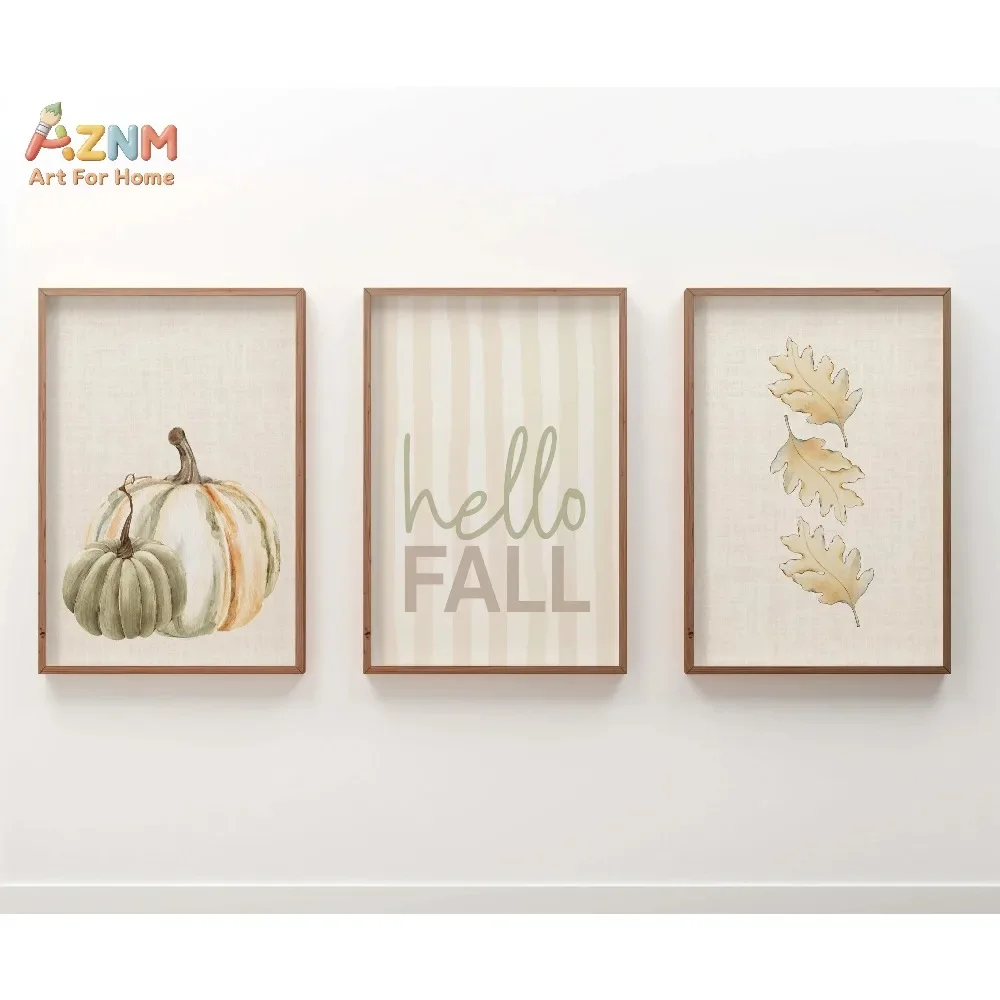 AZNM 3Pcs Neutral Hello Fall Canvas Wall Art, Watercolor Pumpkin Oak Leaf Print Frameless Canvas Painting, Soft Tone Farmhouse