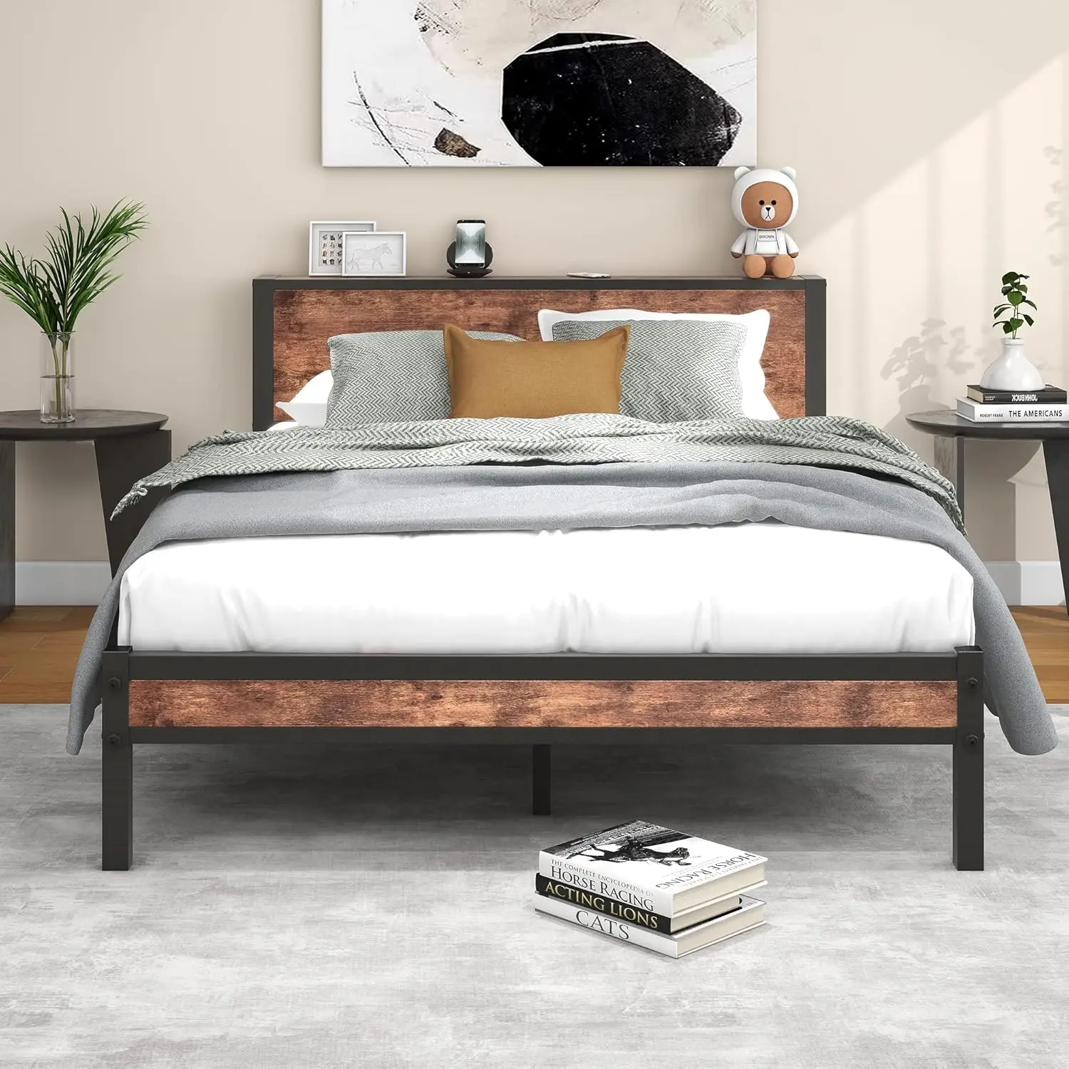 

Queen Bed Frame with Wood Headboard, Platform Bed Frame Queen Size with Storage Shelf, Heavy Duty/Reinforced Support Leg No