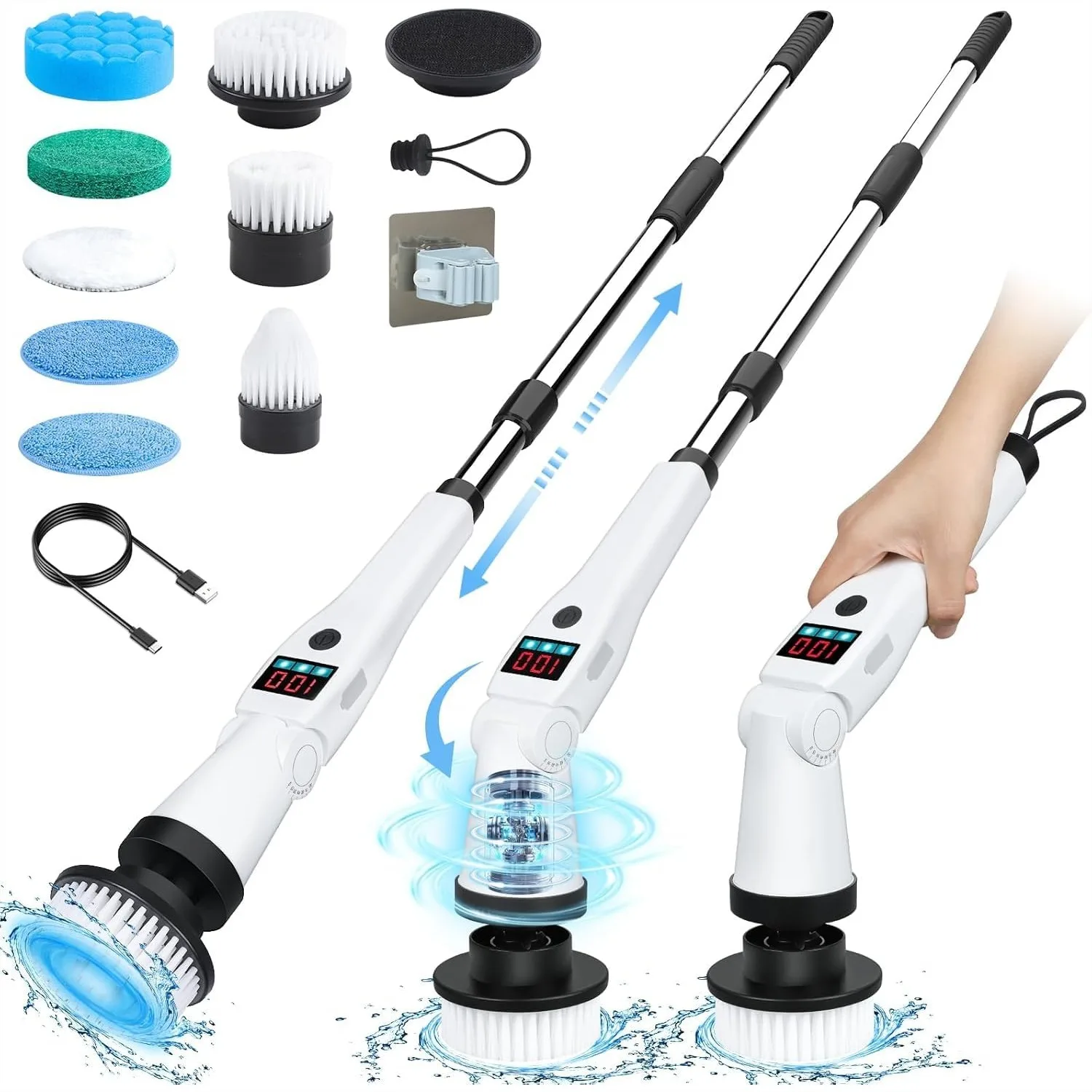 

Electric Spin Scrubber with Long Handle, Rechargeable Cordless Power Scrubber, Retractable Adjustable Angle Brush for Cleaning