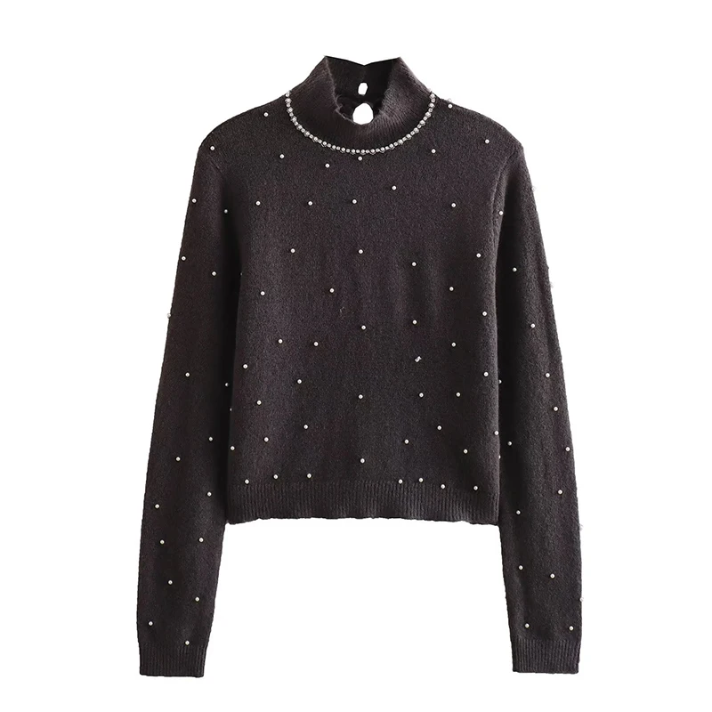 YENKYE New Women Fashion Faux Pearl Appliques Knit Sweater Long Sleeve High Collar Female Pullover Tops