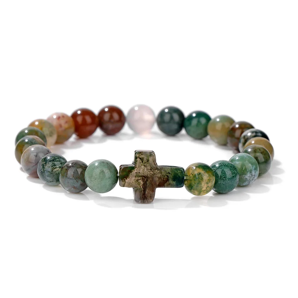 Bracelet à breloques croix de jésus 8mm Agates indiennes véritable pierre naturelle Bracelets de perles pour femmes hommes prière Yoga bijoux Homme Pulsera