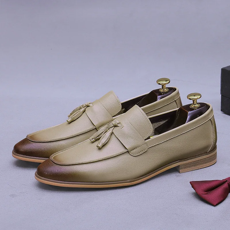 Men Tassel Genuine Leather Loafers Two Tone Burnish Square Toe Low Block Heel Slip On Formal Dress Shoes for Business Daily Wear - view 3