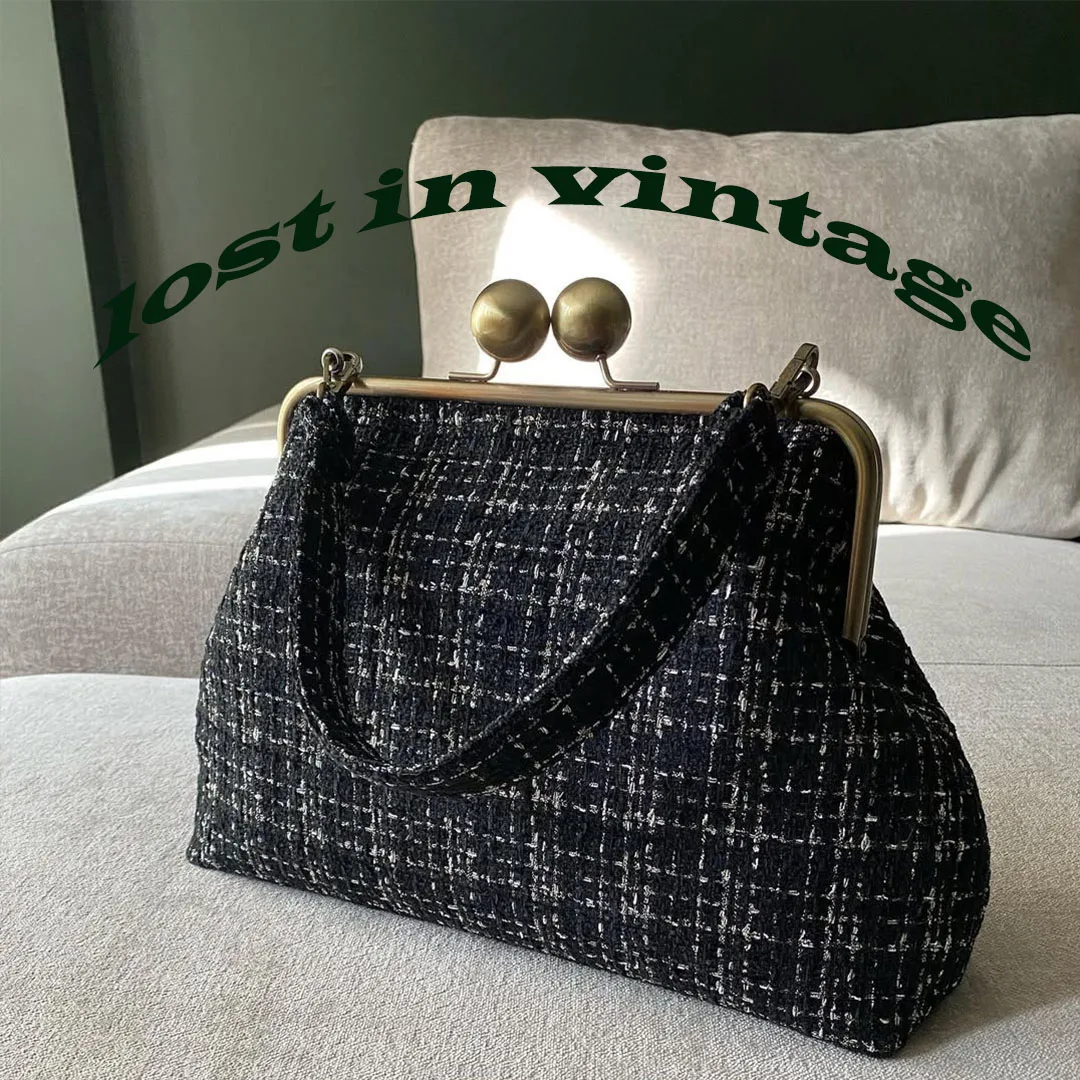 Lost In Vintage Black Tweed Fabric Purse Multiple Ways Handbag or Shoulder Bag Metal Frame Kiss Lock Evening Clutch 33x25x10cm