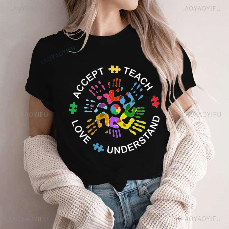 Teach Accept Understand Love Printing T-shirts Autism Awareness Shirt for Women Neurodivergent Tshirts Autism Support Cotton Tee