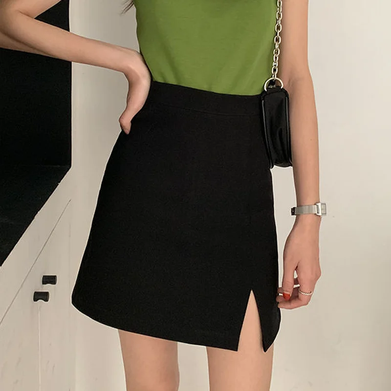 Skirts Women Split Elegant Office Ladies Spring Mujer Faldas Casual Hot Sale A-line Black   Design Comfortable Ulzzang