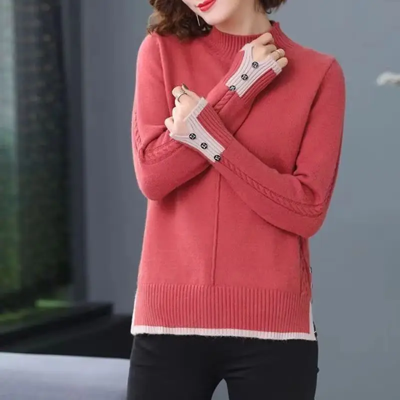 秋の女性用プルオーバーセーター、韓国風ルーズソリッドハーフタートルネックセーター、レディース長袖トップス、女性用ニットセータージャンパー