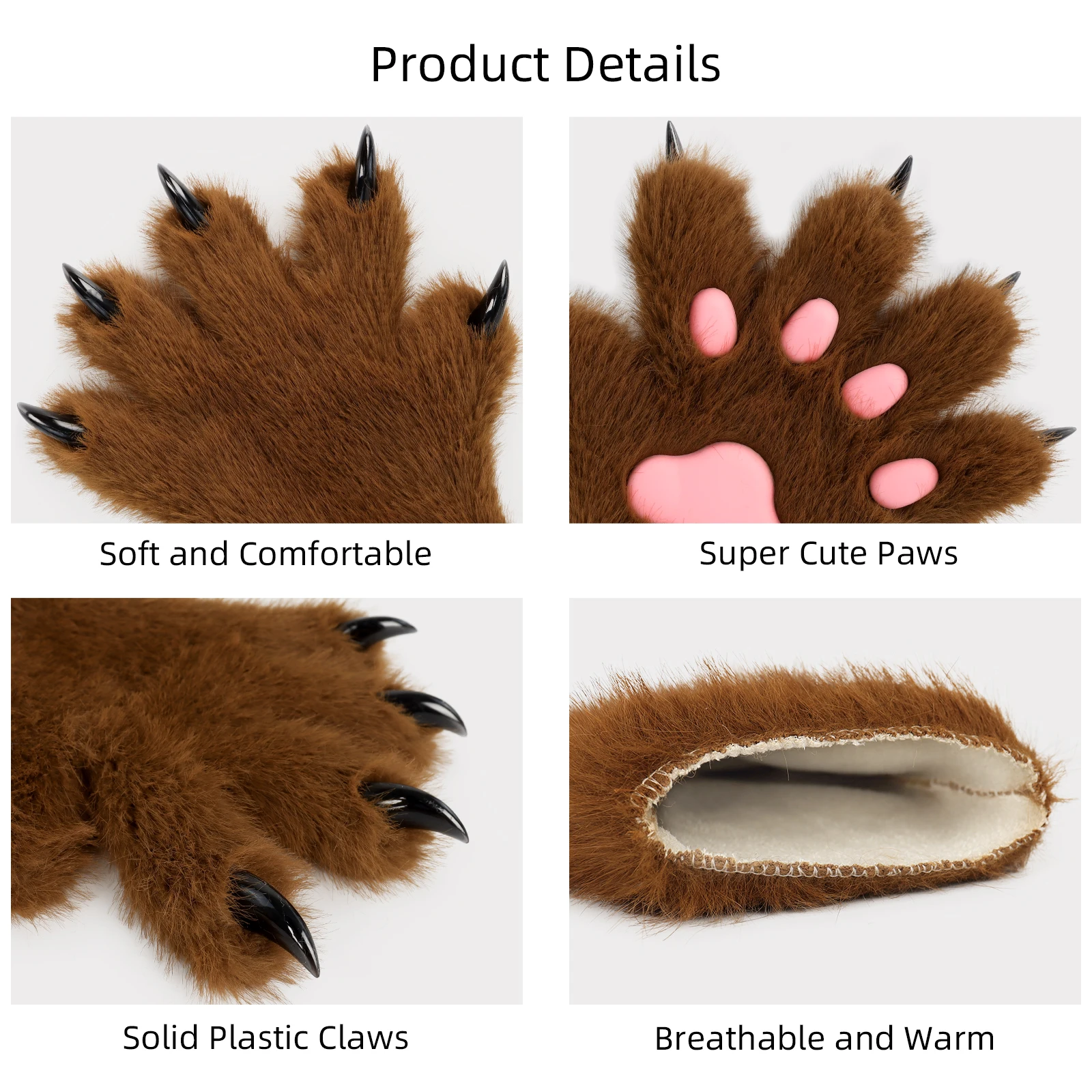 Furry Fur Cat Wolf Fox Dog Fluffy Animal Paws Claws Gloves Mittens Hands Costume Cosplay Halloween Christmas for Kids