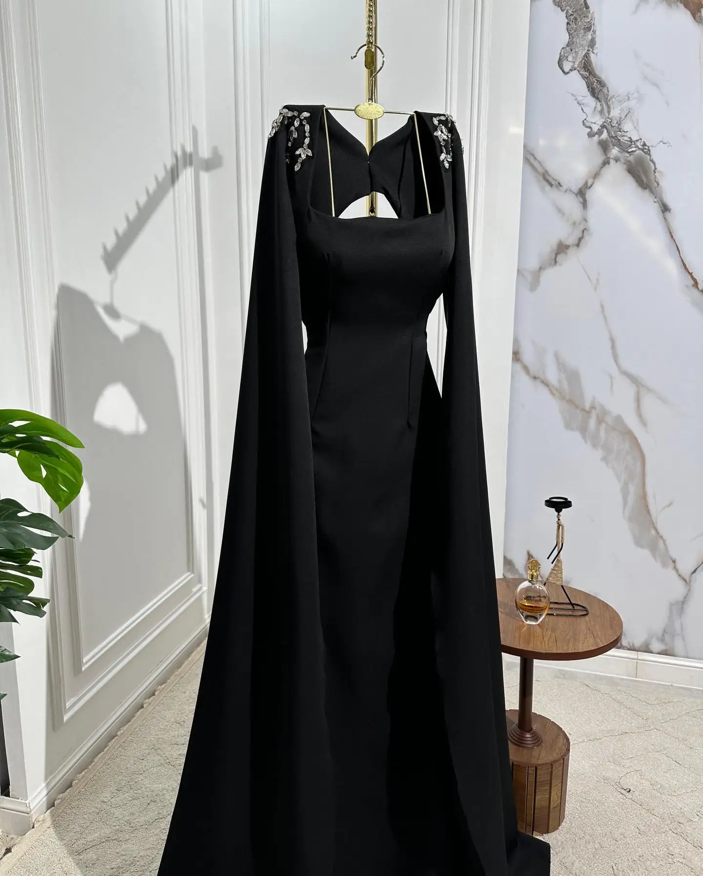 Jirocum Elegant Square Neck Black Prom Gown Women Long Sleeve Beaded Evening Dress Floor Length Formal Occasion Gowns customized