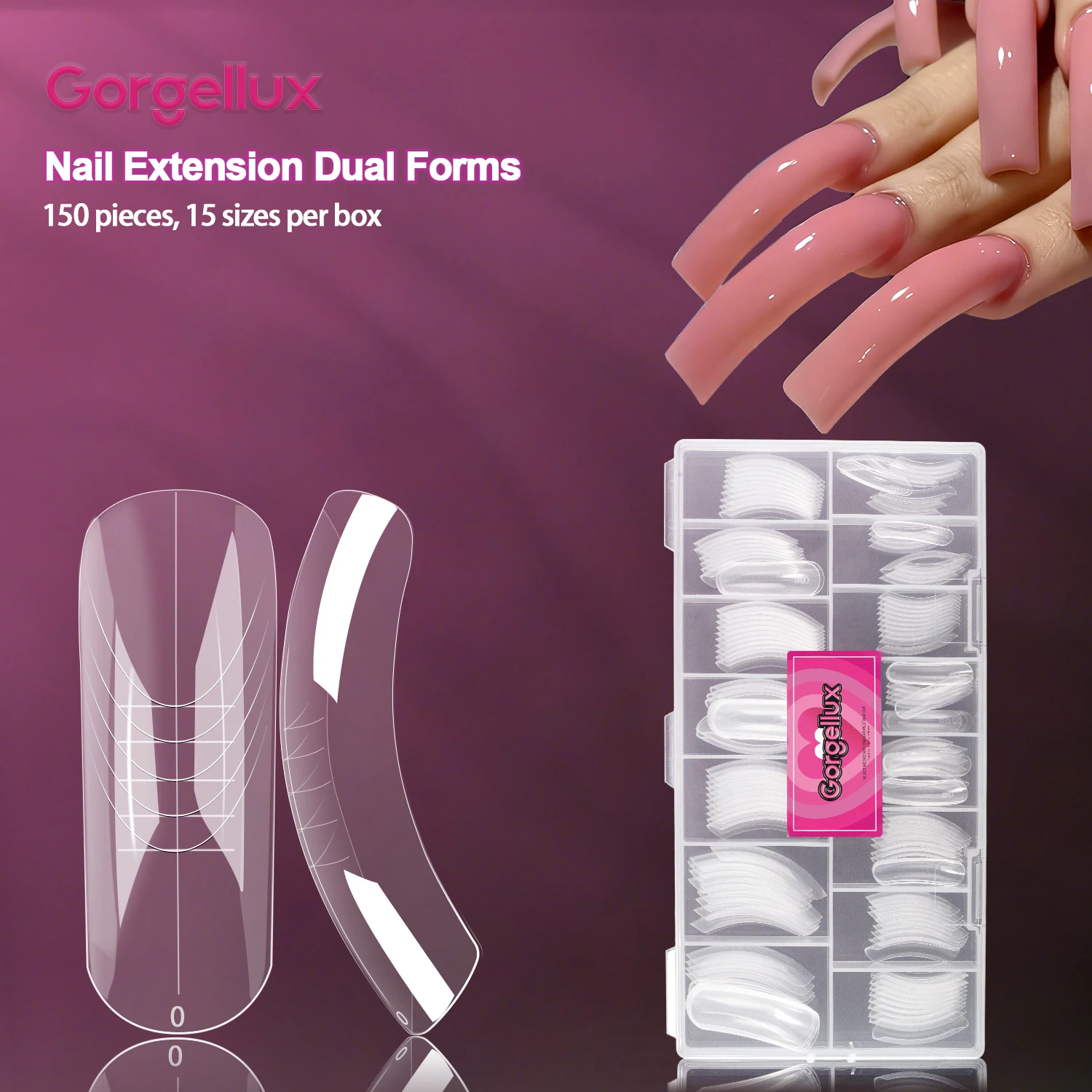 Gorgellux 15Sizes Clear Bend Nail Dual Forms Reusable Perfect Shape No Filing Polygel Acrylic Extension DIY Salon Home 150pcs