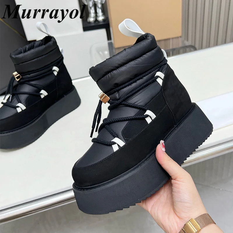 Round Toe Lace-up Waterproof Platform Snow Boots Women Wool Llining Warmth Short Botas Winter Outwear Non-slip Ankle Boots