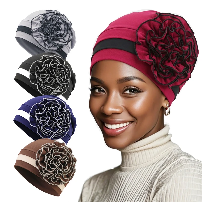 

New Muslim Women Double Colors Flower Turban Islamic Hijab Chemo Hat Bonnet Headscarf Beanies Hair Loss Head Wrap Head Cover