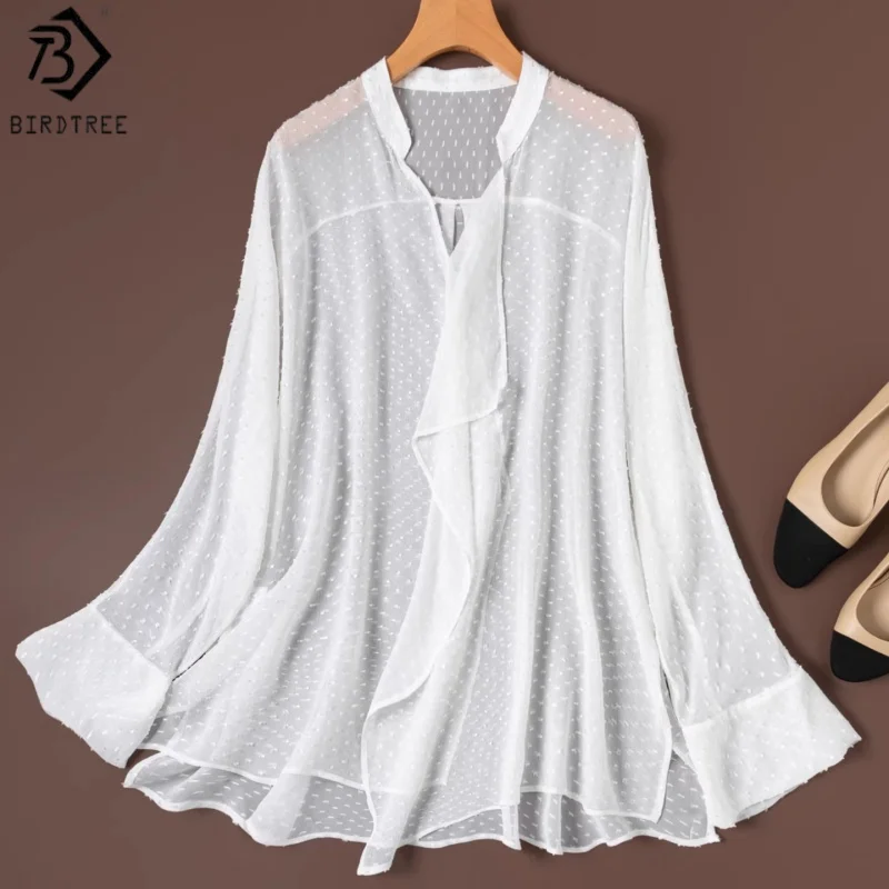 

Блузка Birdtree из 100% шелкового жаккарда в горошек, с V-образным вырезом, полными рукавами, прозрачная, женская, из жоржета, свободного кроя, весна 2026, новинка T63021JF