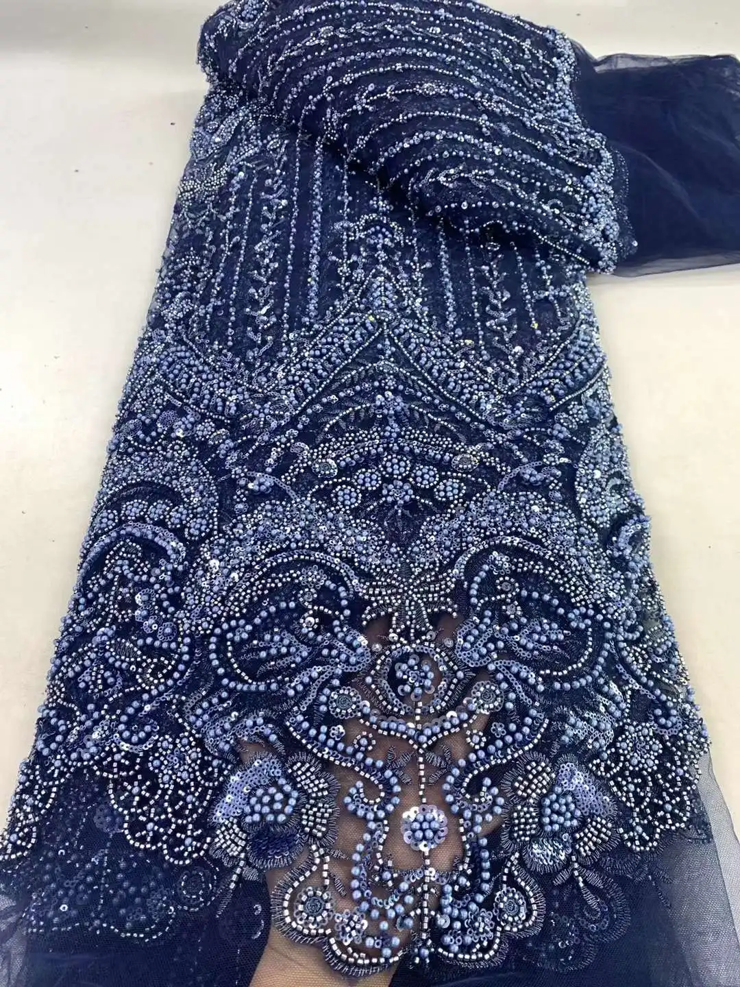 

African Sequins Lace Fabric 2024 High Quality Groom Embroidery French Heavy Beaded Mesh Fabric Nigerian For Wedding Party Dress