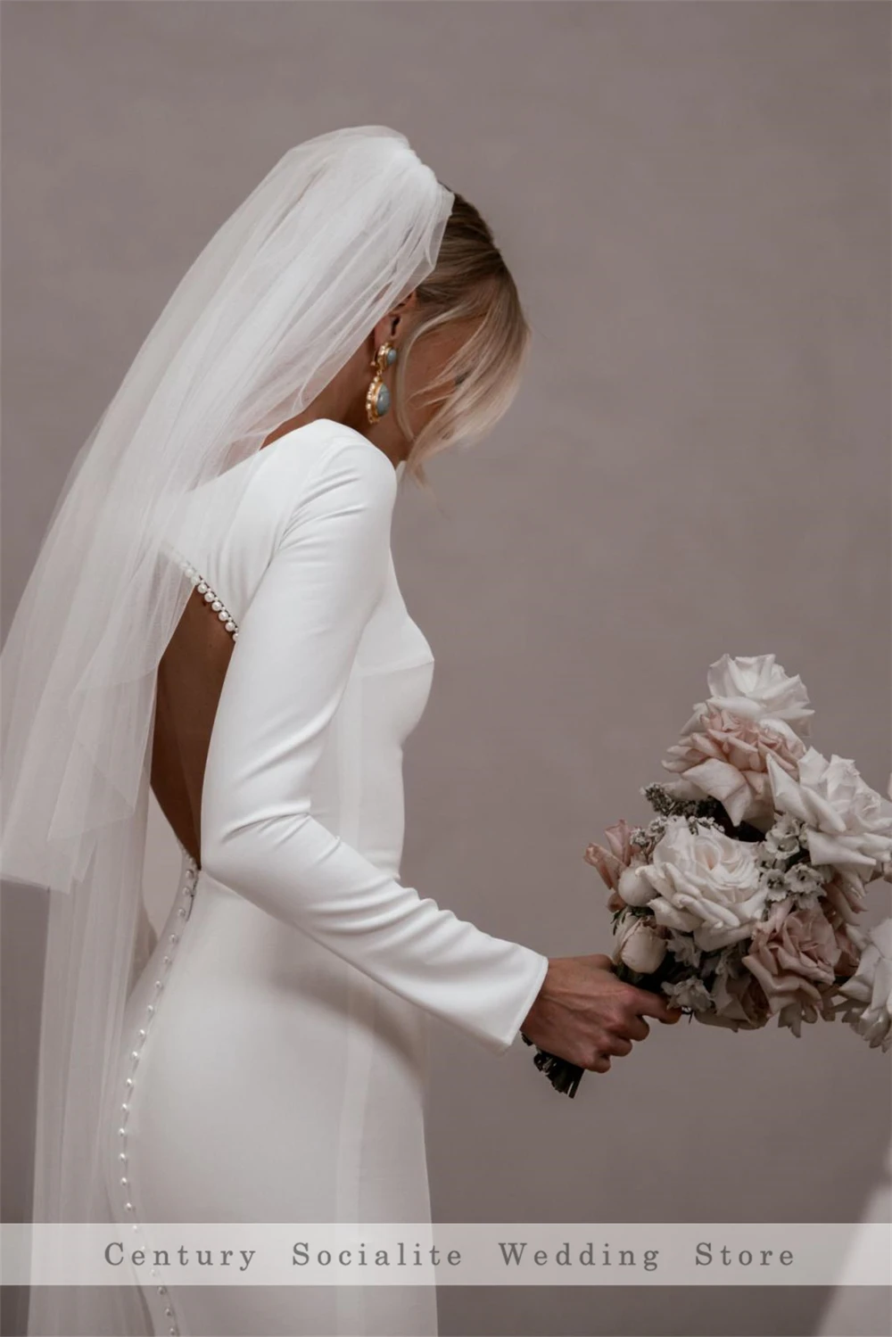 Elegant Wedding Dress Mermaid Backless Long Sleeve Pearls Button Crepe Casual Bride Dresses Civil Bridal Gowns Customized