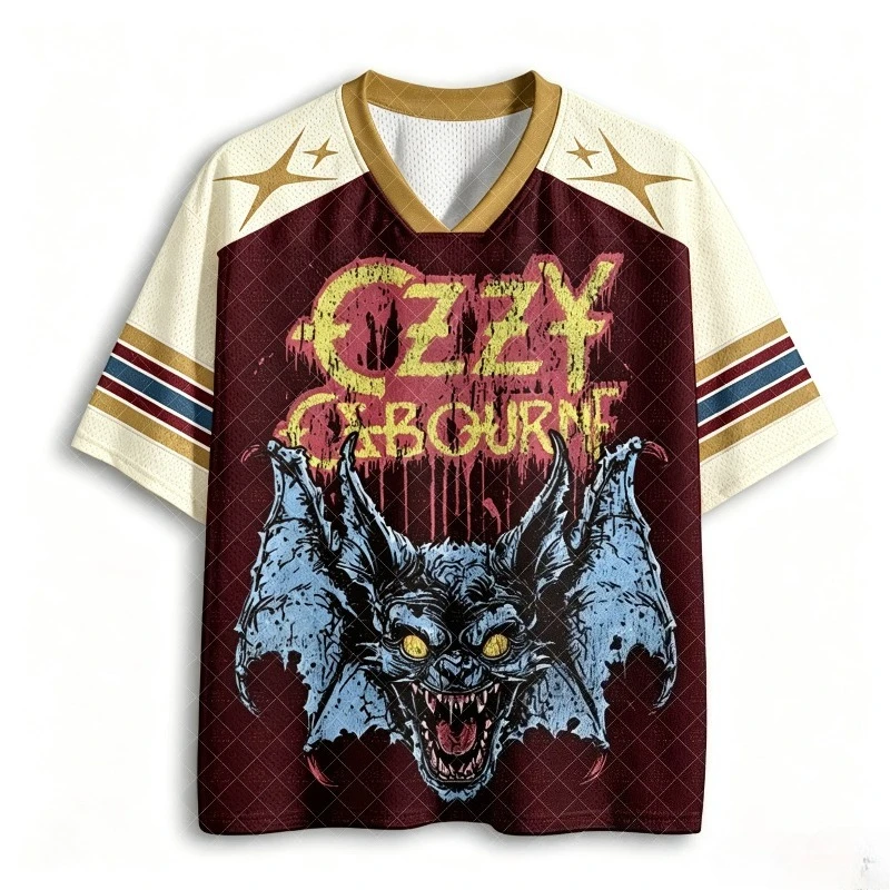 V Neck Mesh Football Jersey Vintage Horror Bat Distressed Rock Letter Print Burgundy Gold Multi Striped Sleeve Loose Sport Tee