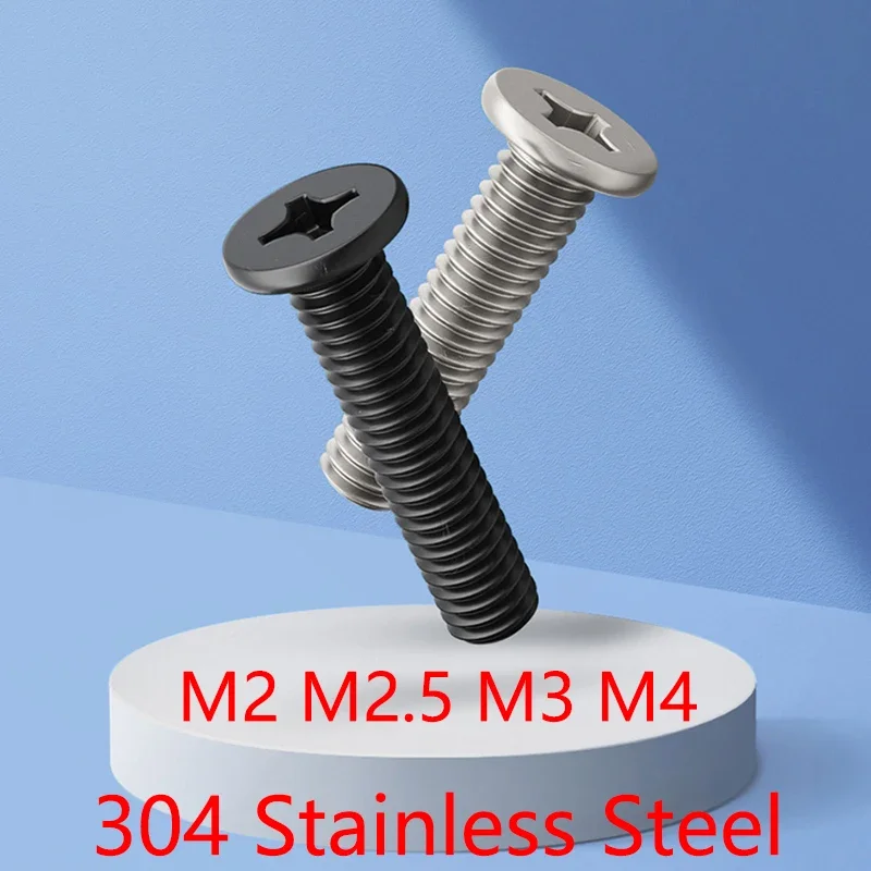 

30Pcs Cross Recessed Flat Head Screw M2 M2.5 M3 M4 304 Stainless Steel Concave Recessed Phillips Machine Screw Bolt Long 3~16 mm