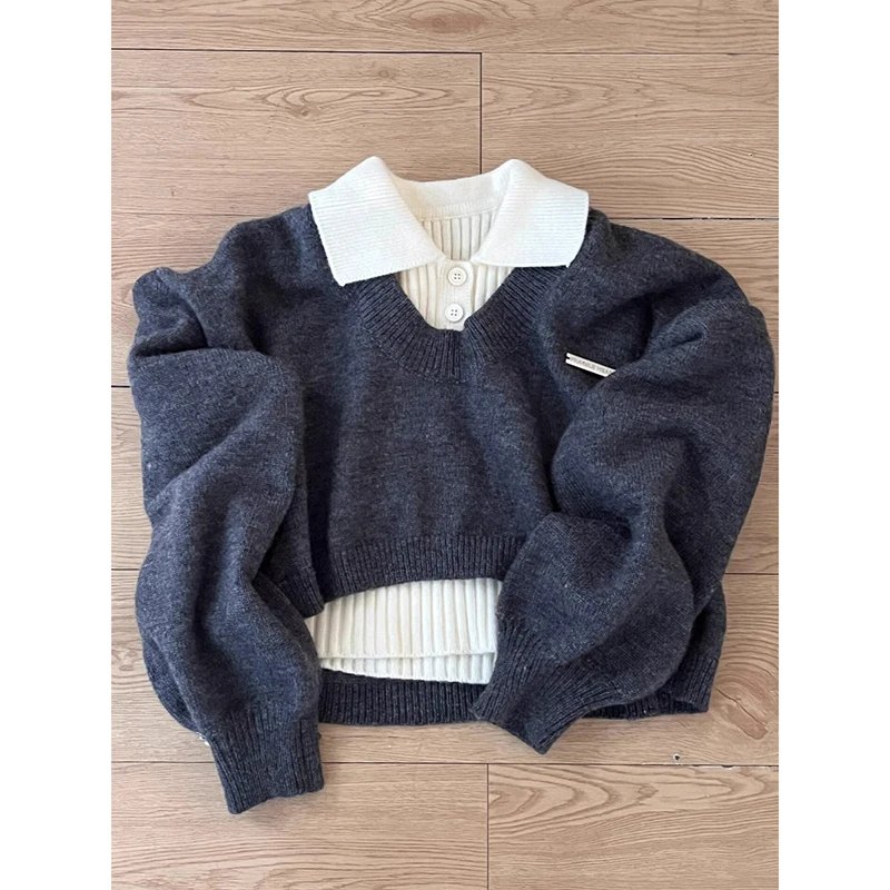 Women Two-piece Retro Knitted Pullover Sweater Autumn and Winter Korean Fashion College Style Age-reducing Casual Jumper Tops