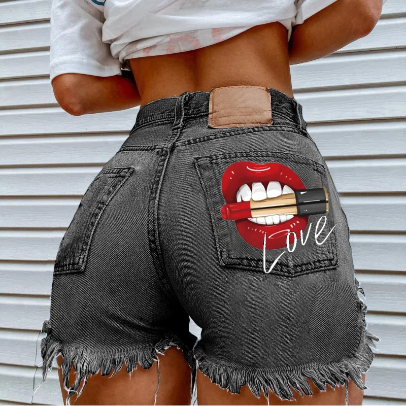 Summer Trendy Women's Lipstick Street Style Shattered Denim Shorts Mouth Biting Effect Casual Jeans Fashion Accessories - view 2