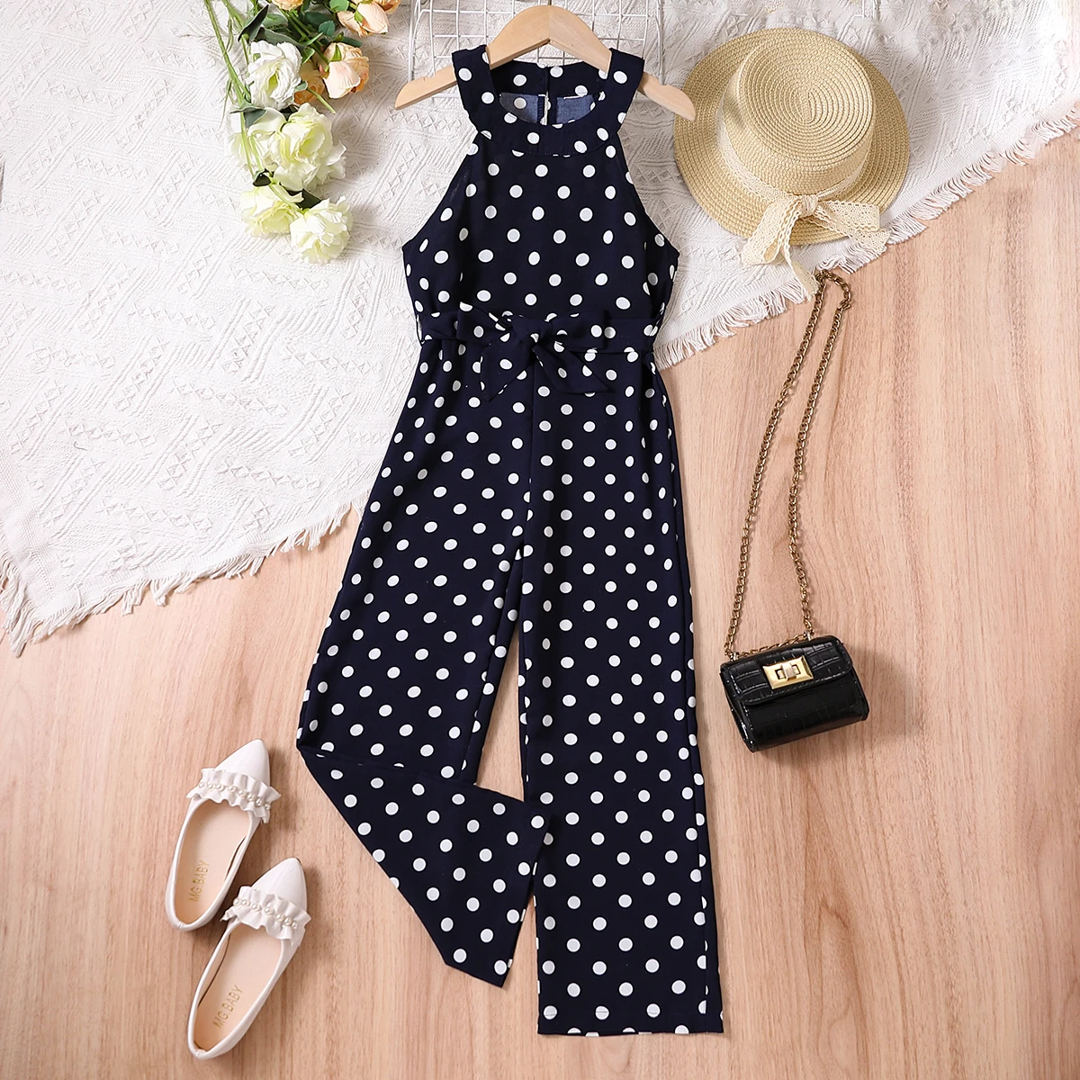 Girls Classic Black White Polka Dot One-Piece Outfit with Neck Hanging Design Loose Wide Leg Pants Breathable Summer Fabric