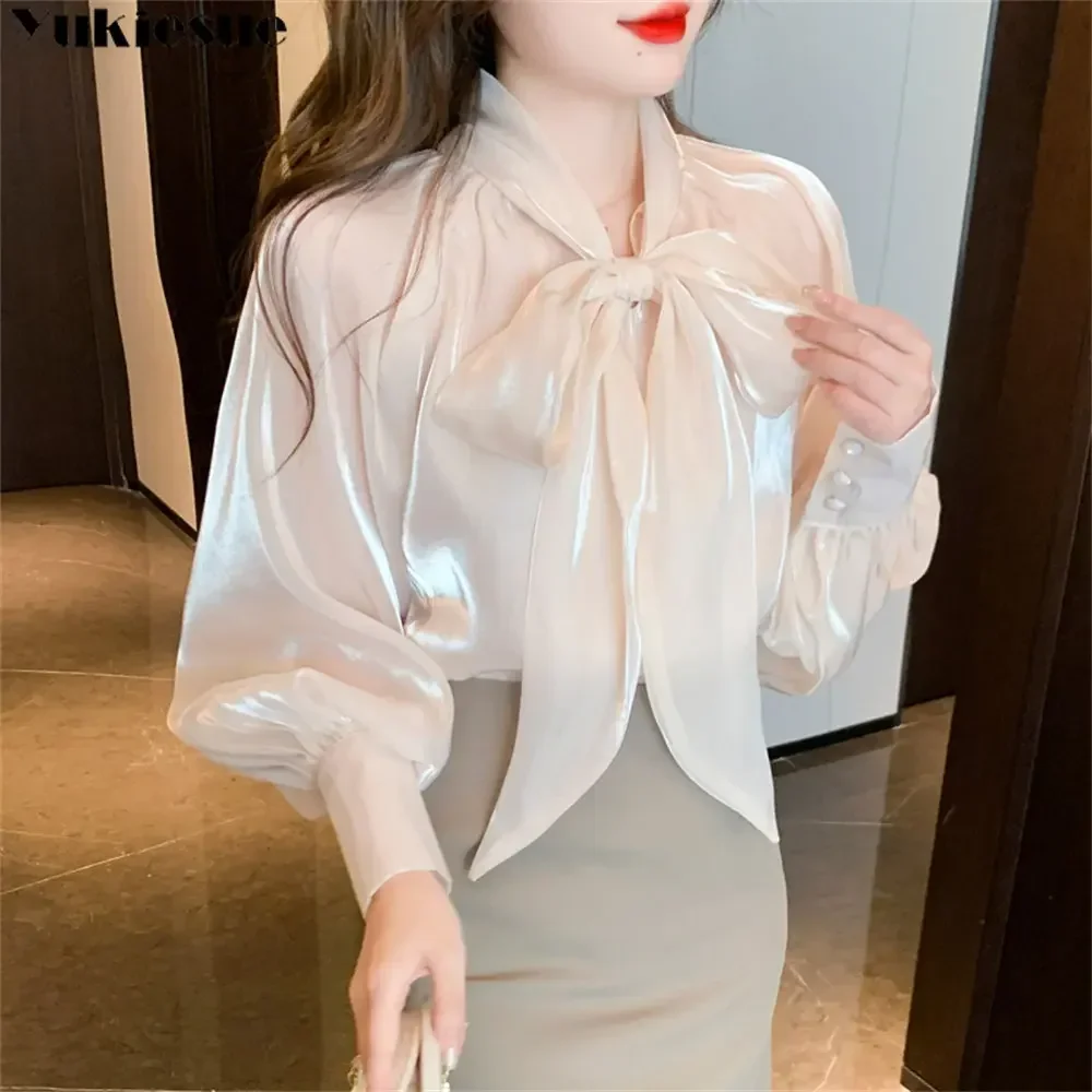 Frühling Sommer Mode Pullover Spitze Up BowLadies Top Französisch Lange Laterne Hülse Elegante Hemd Bluse Frauen Solide Shirt Frauen