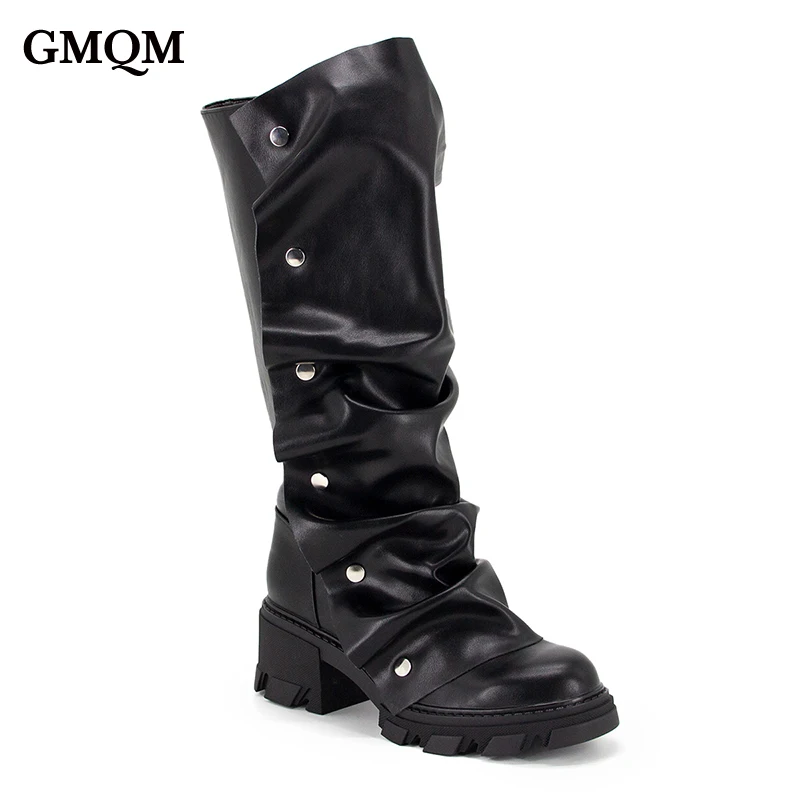 

GMQM Women’s Mid Calf Boots Slouchy Fold Over Knee High Boots Detacheble Ruched Round Toe Chunky Heel Boots For Party Street