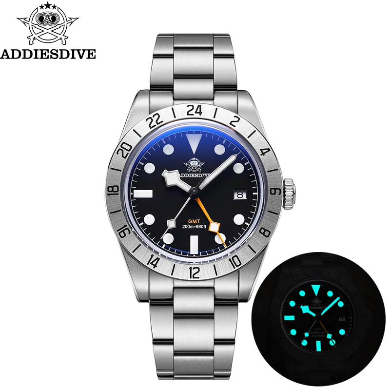 Addiesdive marca superior 39mm quartzo gmt relógios 20bar à prova dwaterproof água luminosa bolha espelho esporte relógio de vidro para homem relogio masculino