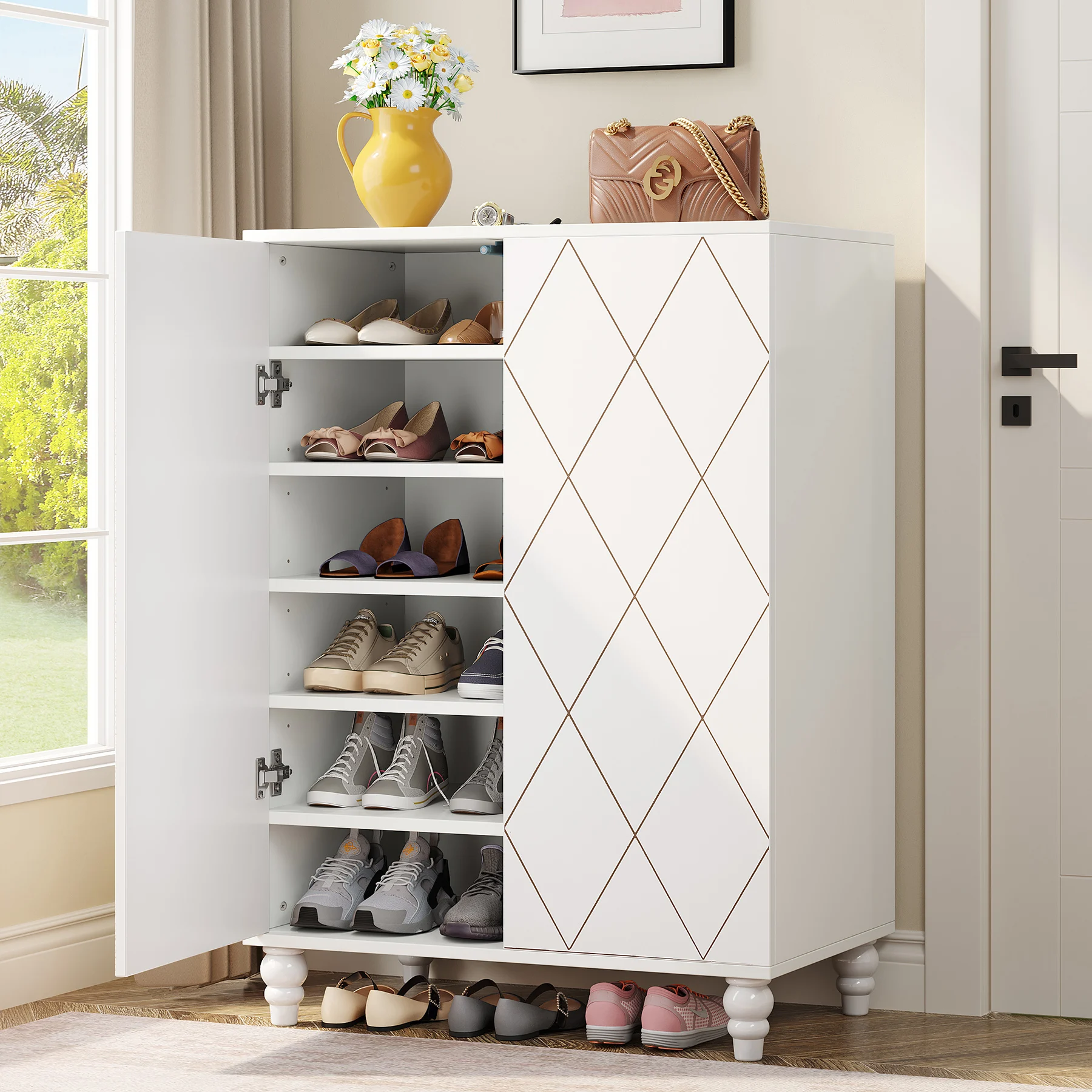 Tribesigns Shoes Organizer Cabinet with Adjustable Shelves and Solid Wood Legs, Shoe Storage Cabinet with Door