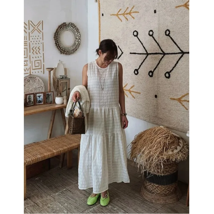 

Summer New Texture Plaid Sleeveless Dress Women's Elegant Versatile Full Skirt Straight Long Dress round Neck Korean Style