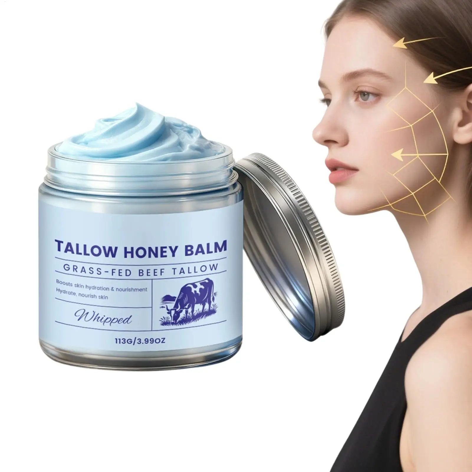 Crema hidratante de carne de animales alimentados con pasto, crema calmante para la hidratación facial, crema batida de sebo de res y miel, loción facial de día y noche