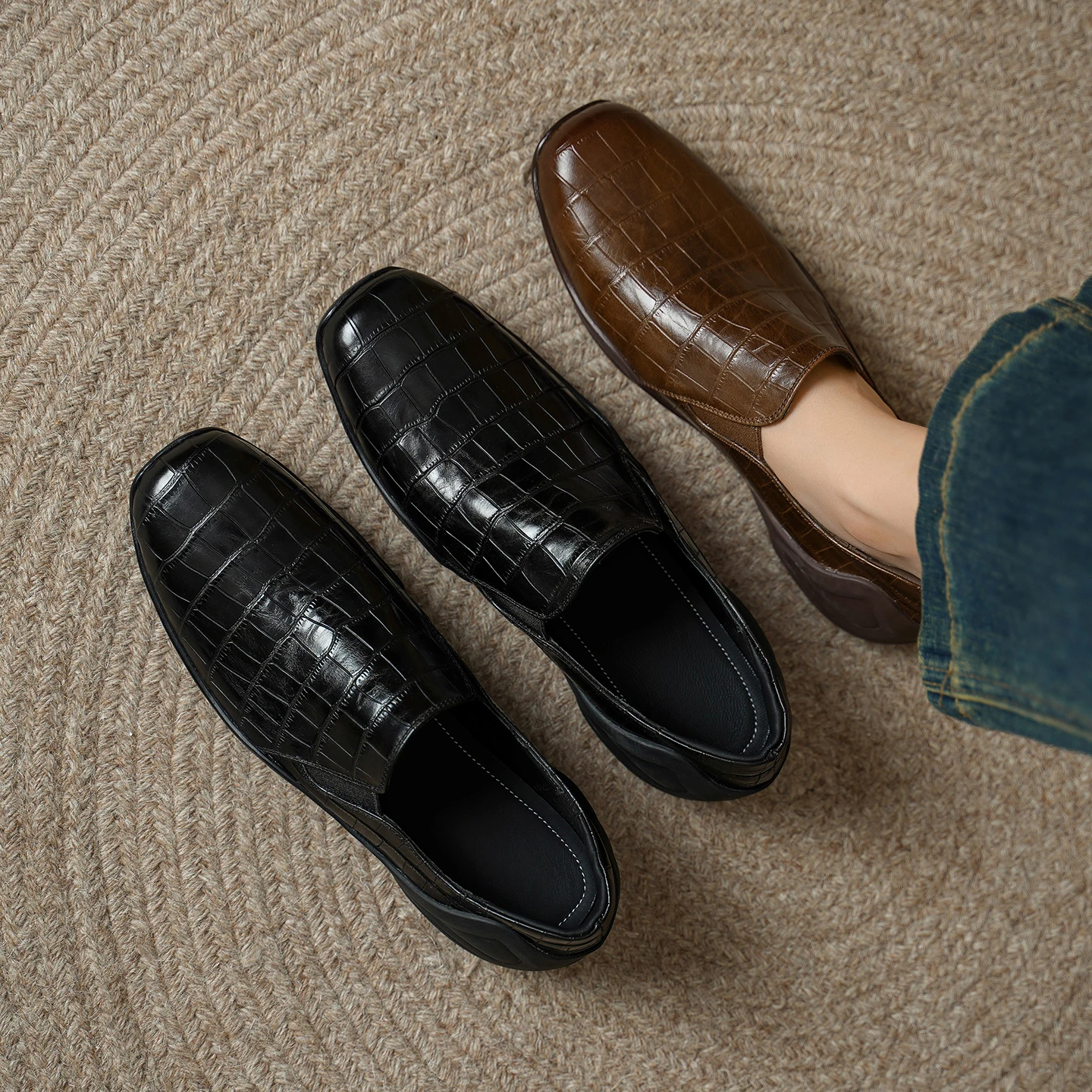 2026 new spring autumn women pumps natural leather 22-25cm cowhide+sheepskin square toe loafers wedges women shoes fashion