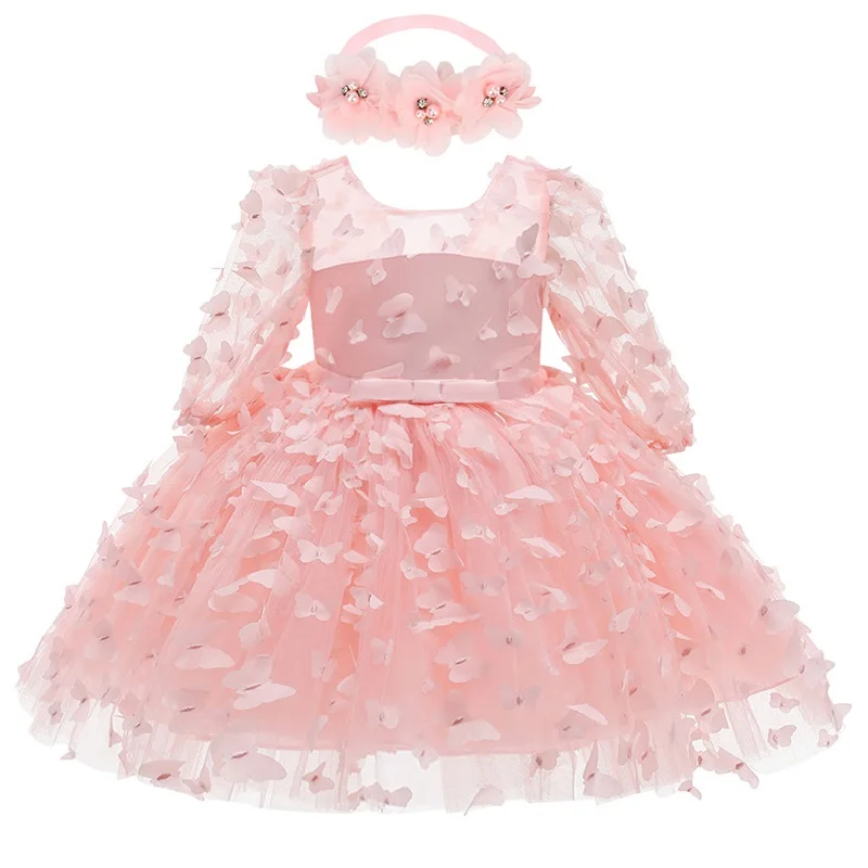 Baby Princess Dress Jacquard Birthday Party Dress Long Sleeve Bowknot Holy Communion Party Poncho Dress Girl with Headwear