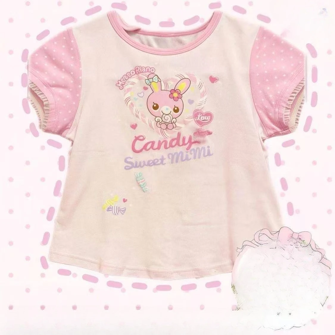 Harajuku Kawaii Lolita T-Shirt Damen Y2K Cartoon-Druck Rüschen Patchwork Tops Lässige Streetwear