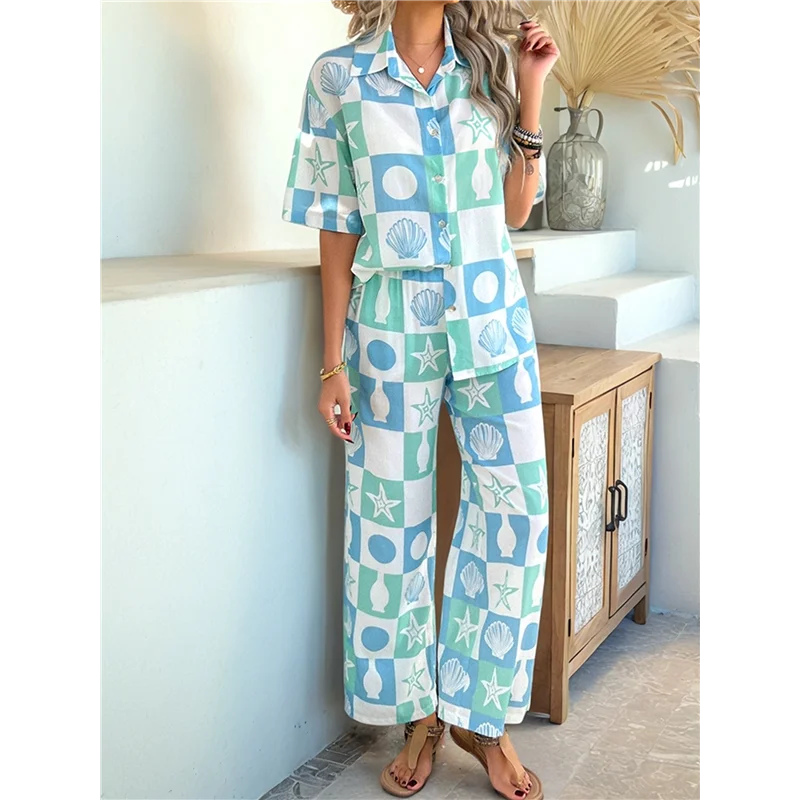 A83F-Women's Short Sleeve Button Down Shirt Printed Tops Lounge Shorts Summer Beach Tracksuit 2 Pcs Set