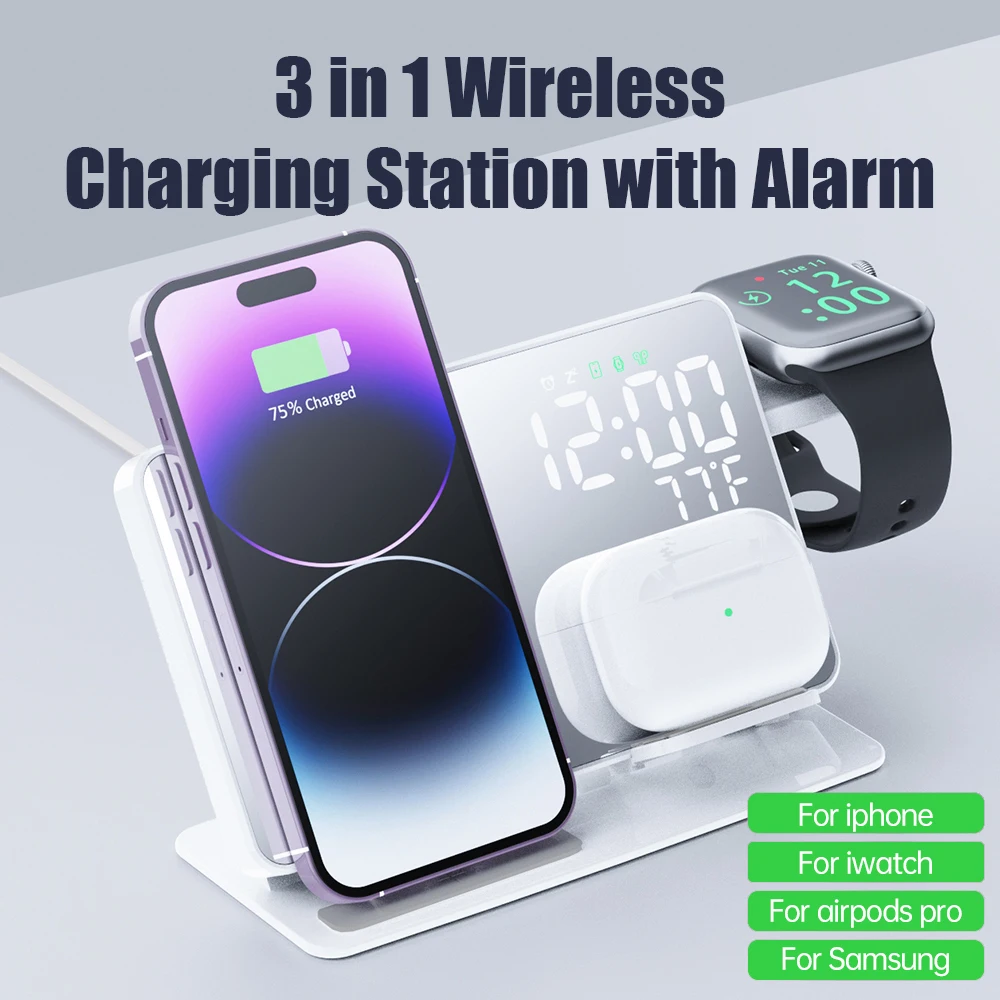 

3 in 1 LED Alarm Clock Wireless Charger Stand Fast Charging Dock Station for Apple Watch AirPods Pro for iPhone 14 13 12 Pro Max