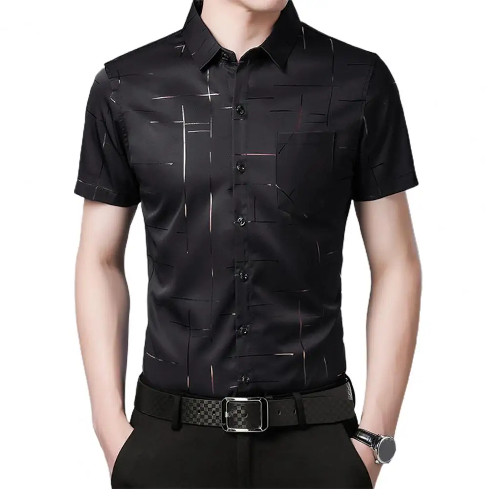 Camisa coreana listrada masculina de negócios, casual, manga curta, sedosa, Japão, Top de trabalho de verão, verão