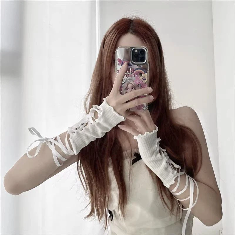 Women Strapping Lace Fingerless Hot Sexy Arm Sleeves DIY Lace-up Sunscreen Gloves Elastic Mesh Punk Gloves Clothing Accessories