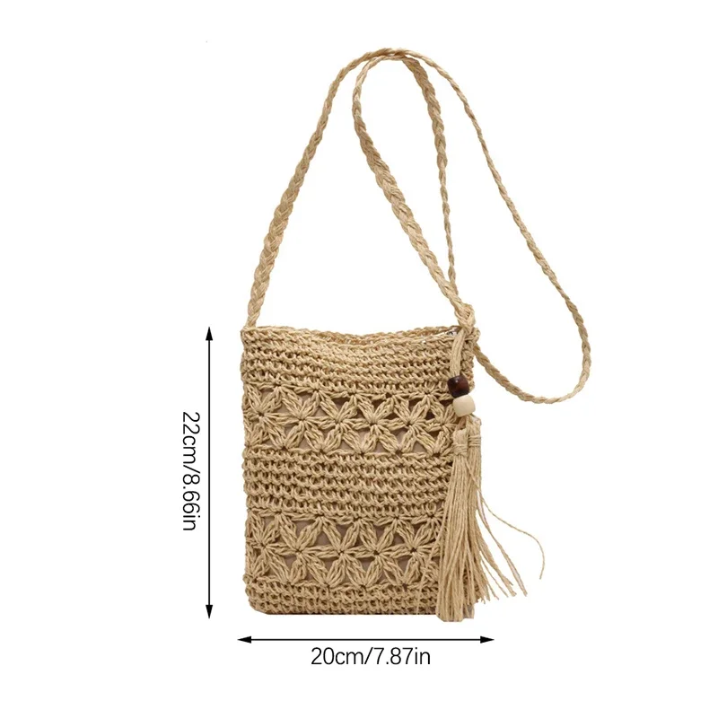 Women Beach Woven Straw Shoulder Messenger Bag with Tassel Boho Hollow Out Crochet Crossbody Handbag Macrame Clutch Purse Wallet view 6