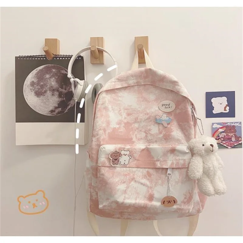 Kawaii Sweet Tie Dye Book Bag, Teens Girls High School Bookbag, Canvas Versatile Travel Backpack