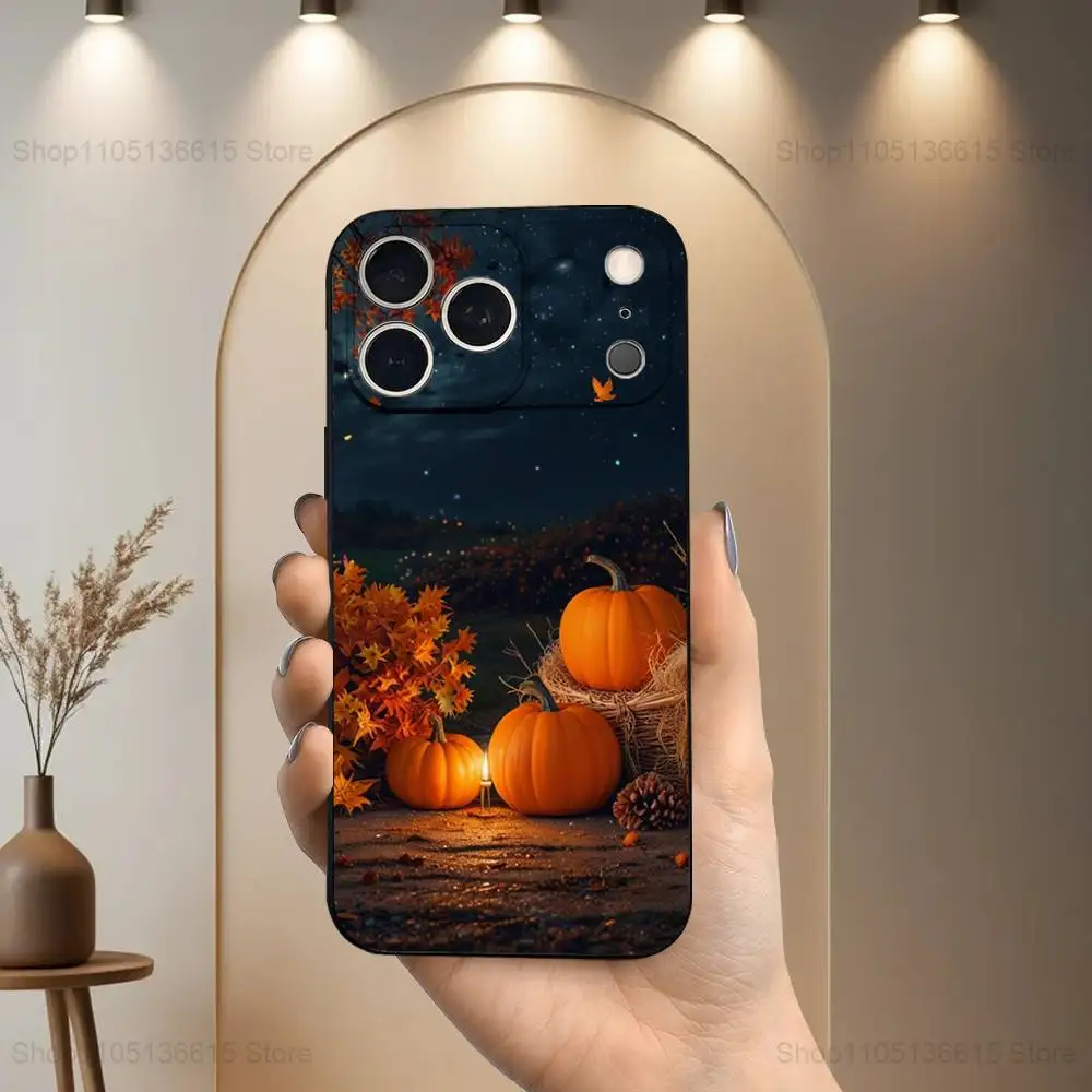 حافظة أوراق الخريف على شكل يقطين لهاتف آيفون 17,16,15,14,13,12,11 Air,Plus,Pro Max,XS,X,XR,SE,Mini,8,7,غطاء أسود من السيليكون الناعم #5