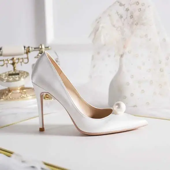 Women Pumps 2024 New Fashion Women\'s Shoes Pointed White Pearl High Heels 8cm Stiletto Red Bridal Wedding Pary Shoes