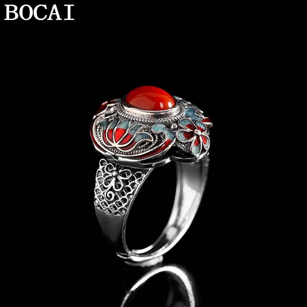 

BOCAI NEW S925 Silver Retro Fashion Inlaid with Southern Red Agate Open Ring Women's Gift