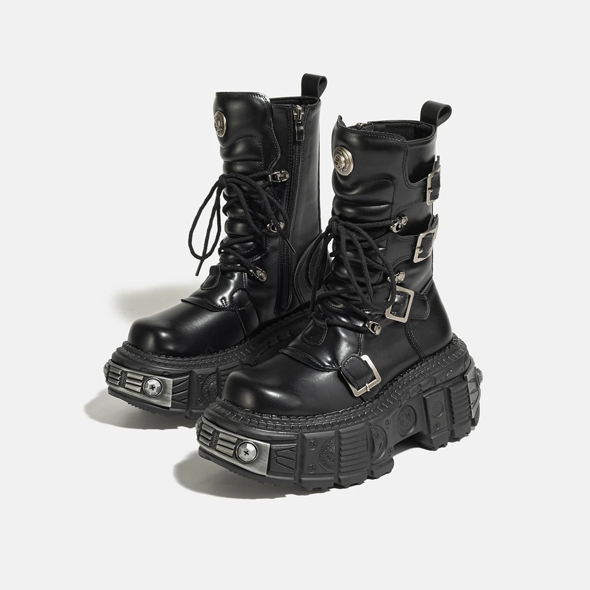 

Metal Platform Middle Tube 2025 New Women Dark Punk Increased Lace-up Female Zipper Girl Motorcycle Boots