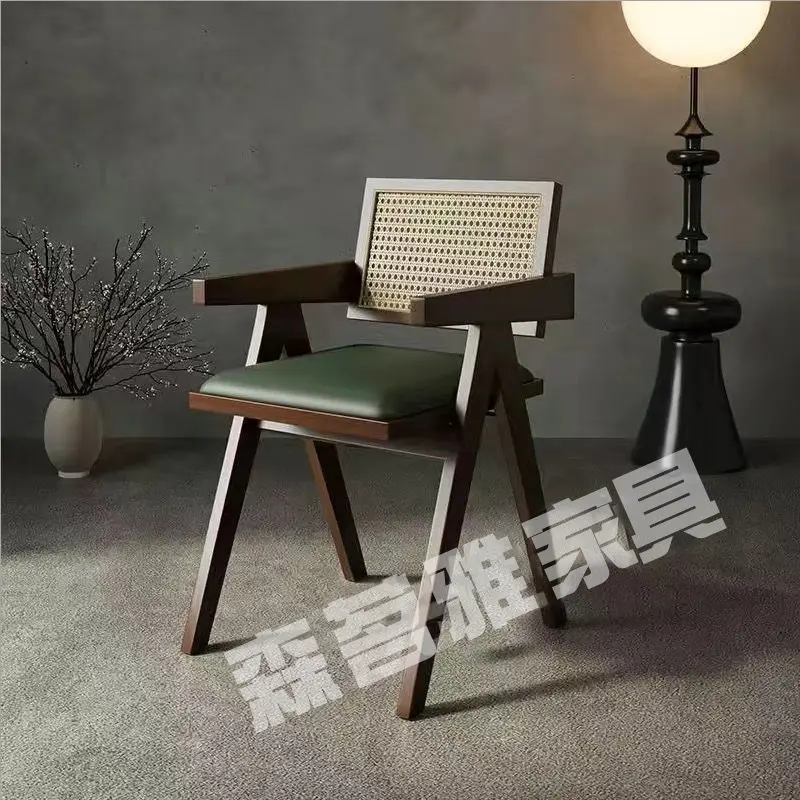 Rattan-woven chairs accommodation hotel home use solid wood dining chair Nordic log armrest back Chandigarh chair rubber wood