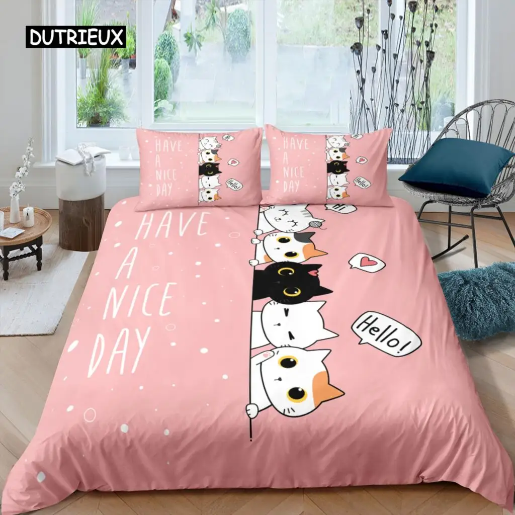 Cute Pet Cats Bedding Set Cartoon Kitten Print Duvet Cover Pillowcase for Girl Twin Full King Double Size Polyester Quilt Cover