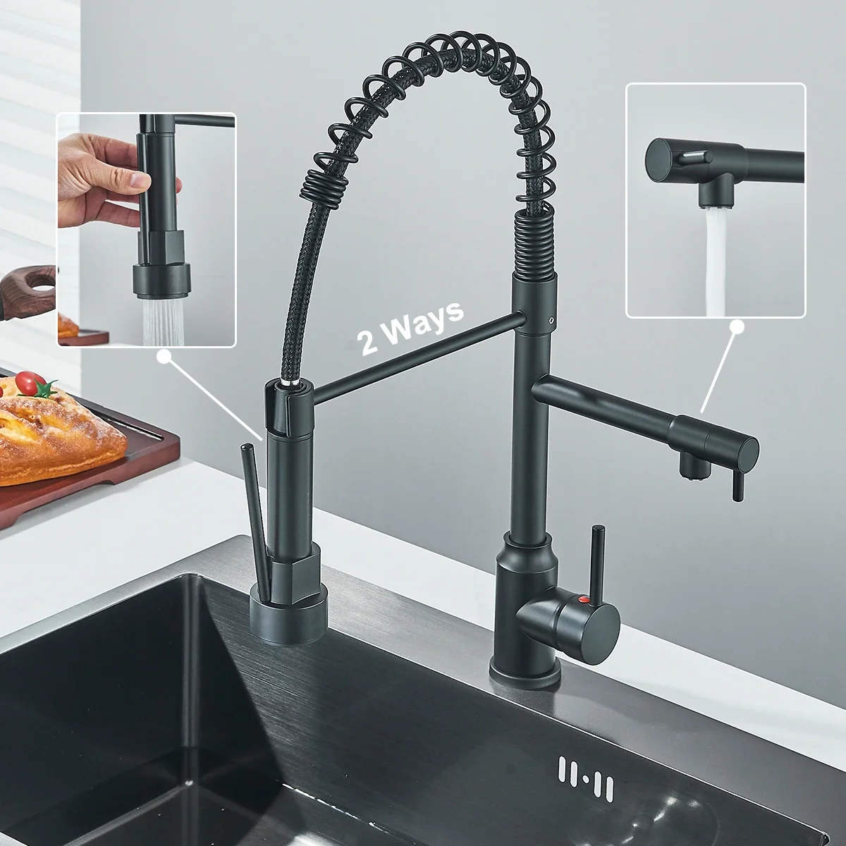 Pull Down Kitchen Faucet Dual Spout 360° Rotation Hot and Cold Water Mixer Tap Single Handle Deck Mounted Kitchen Sink Crane