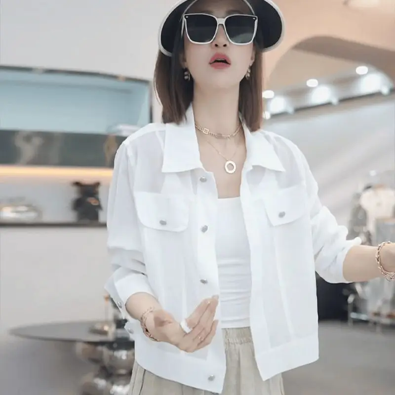 

Женская белая прозрачная короткая куртка на пуговицах с воротником рубашки, повседневная свободная посадка, легкая верхняя одежда