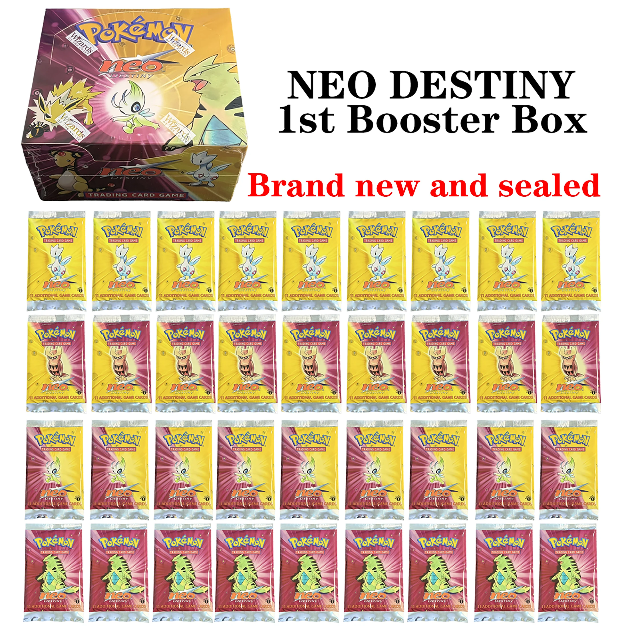 

36 упаковок/коробка PTCG Neo-Destiny BOOSTER Celebi/Tyranitar/Noctowl/Togetic 1-е издание, абсолютно новые запечатанные коллекционные игровые карты PKM