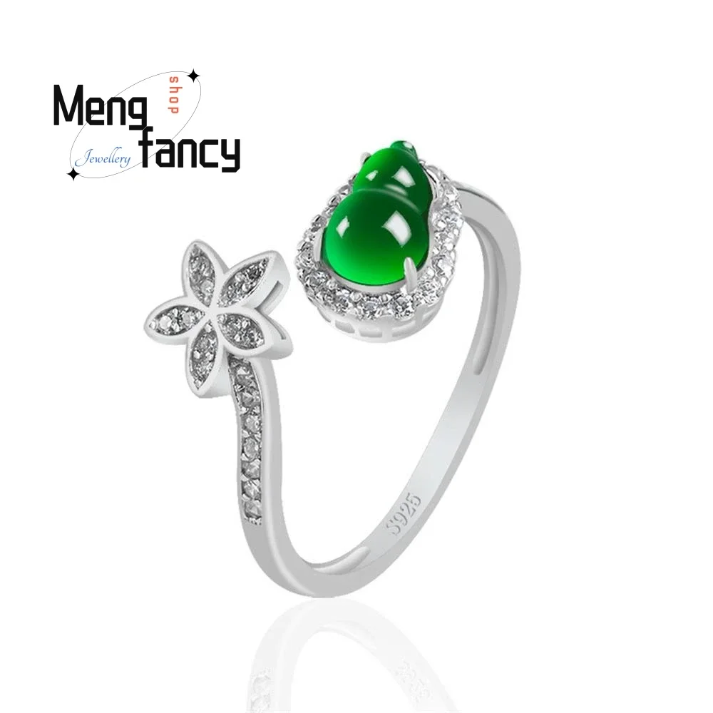 S925 Silver Inlaid Natural A-goods Jadeite Gourd Sunny Green Ice Jade Ring Adjustable Exquisite Elegant Fashion Luxury Jewelry